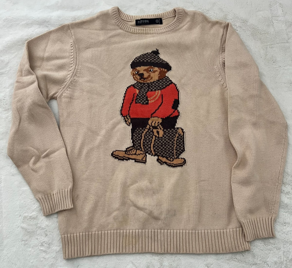 Hudson Outerwear Mens Medium Beige Masked Man Graphic Knit Crewneck Sweater